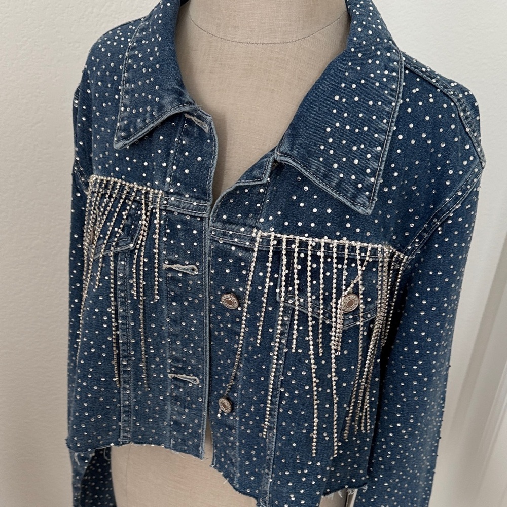 Embellished Rhinestone Fringe Jean Jacket